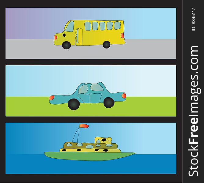 A school bus, car and boat each in a separate banner. A school bus, car and boat each in a separate banner.