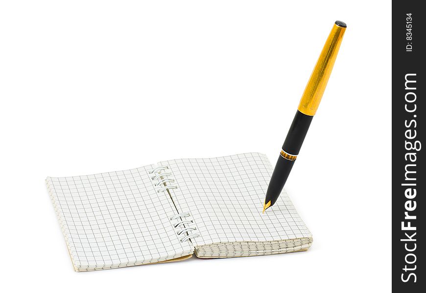 Pen and note pad isolated on white background