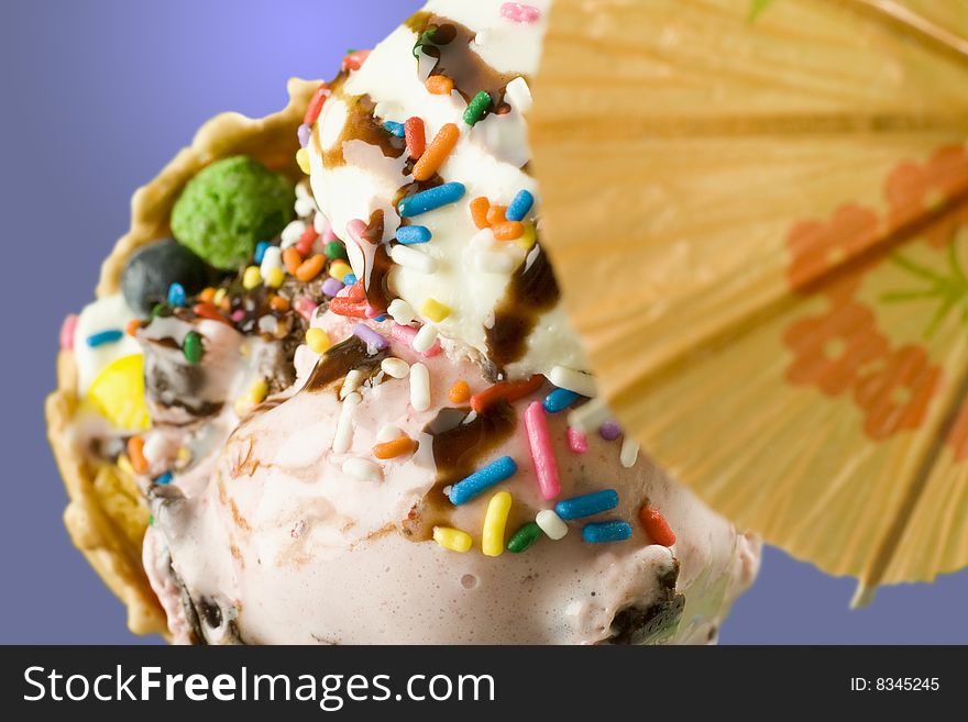 Close up shot of melting ice cream with decoration on nice background