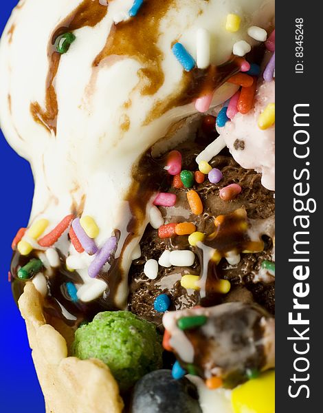 Close up shot of melting ice cream with decoration on nice background
