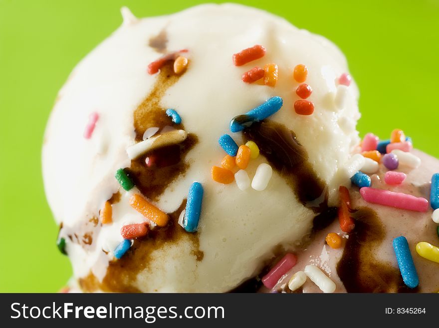 Close up shot of melting ice cream with decoration on nice background