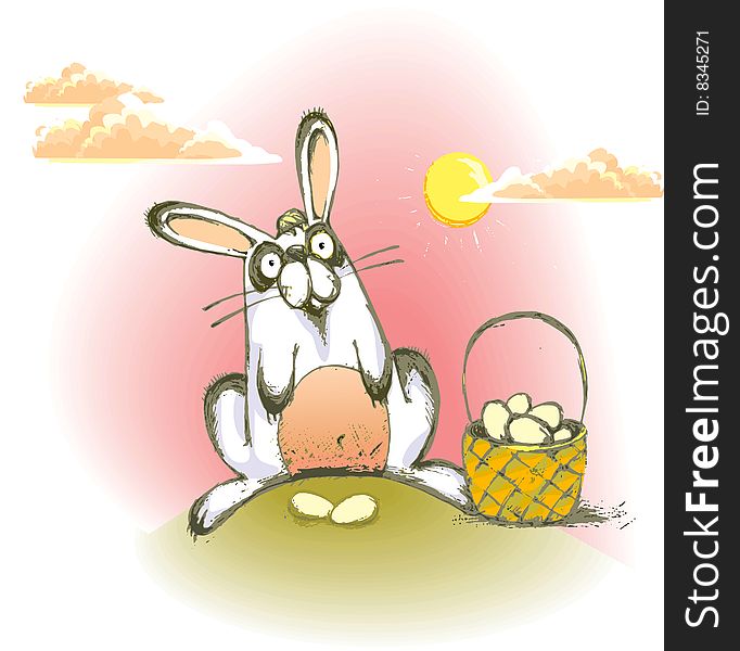 A rabbit sitting on a lawn with a basket of eggs at dawn. A rabbit sitting on a lawn with a basket of eggs at dawn