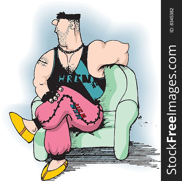 A bodybuilder sitting cross-legged in an armchair