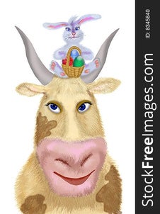 Easter Cow With An Easter Rabbit And Easter Eggs Free Stock Images Easter Cow With An Easter Rabbit And Easter Eggs Free Stock Images