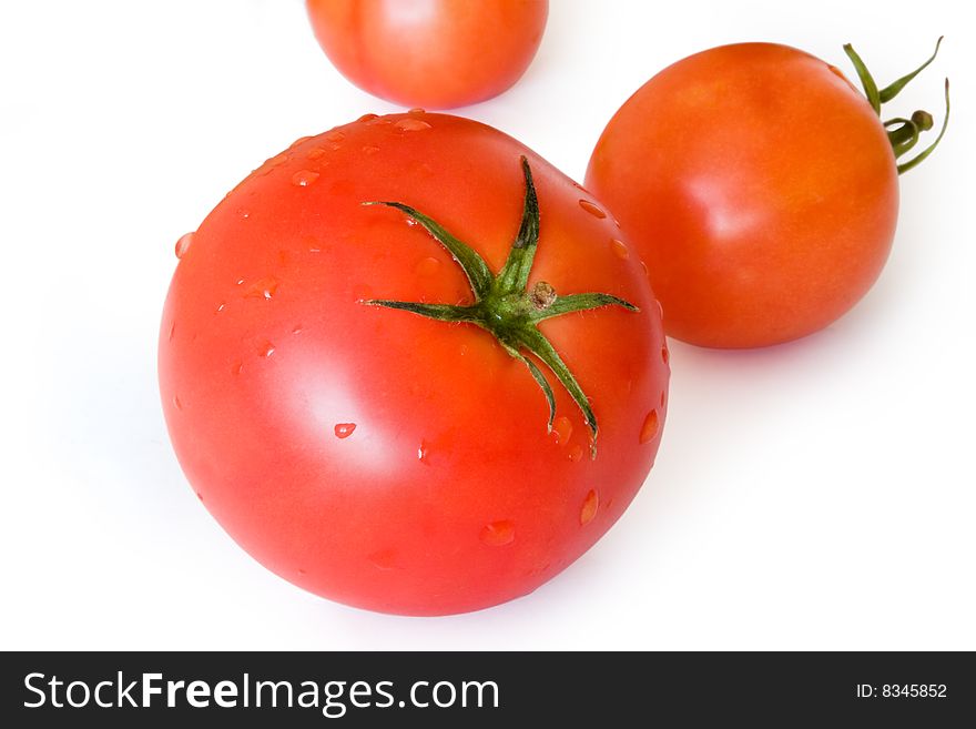 Three tomatoes on a white background