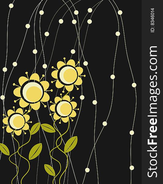 Stylized yellow flowers on  black background