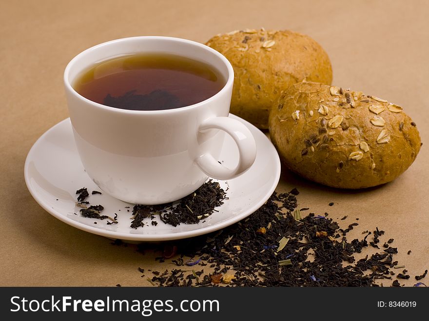 Cup of tea and bread closeup