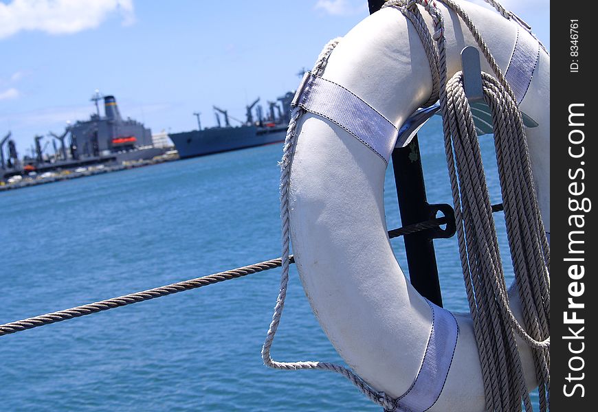 Lifesaver on submarine deck at Pearl Harbor, Hawaii, USA