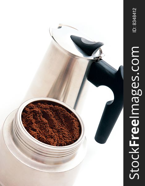 Some coffee in coffeepot on white background