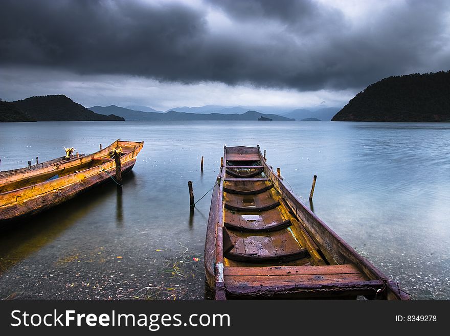 Two boats stop to depend in the near the bank, scenery very beauty