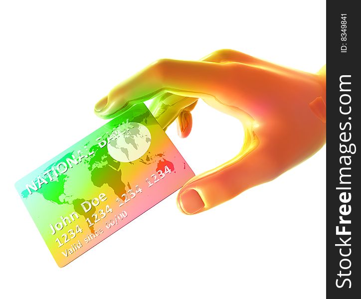 Yellow  hand figure endorsing colorful credit card