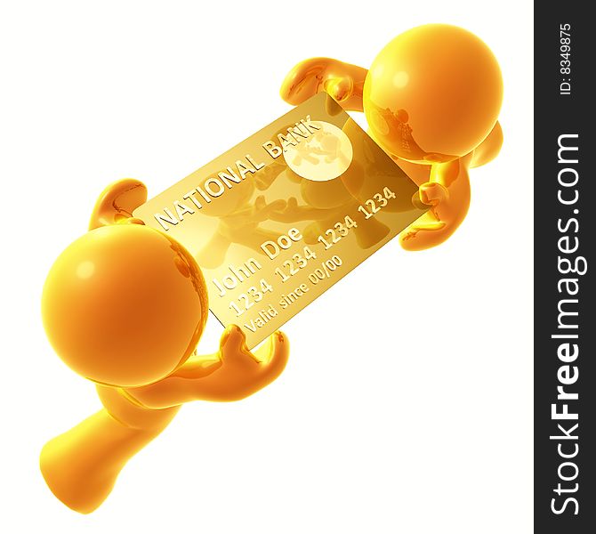 Yellow  icon figures holding a giant credit card. Yellow  icon figures holding a giant credit card