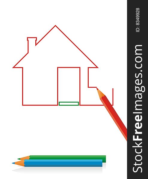 On a white background country house drawing. The pencil draws this house. Two colour pencils below lie. On a white background country house drawing. The pencil draws this house. Two colour pencils below lie.