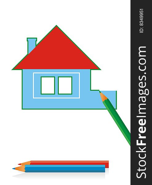 On a white background country house drawing. The pencil draws this house. Two colour pencils below lie. On a white background country house drawing. The pencil draws this house. Two colour pencils below lie.