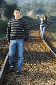 Walking On Railway Tracks Royalty Free Stock Photography