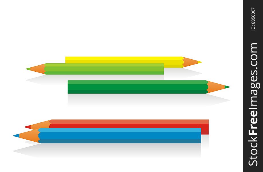 Five colour pencils on a white background. They lie on a horizontal plane. From pencils shades fall. Five colour pencils on a white background. They lie on a horizontal plane. From pencils shades fall.