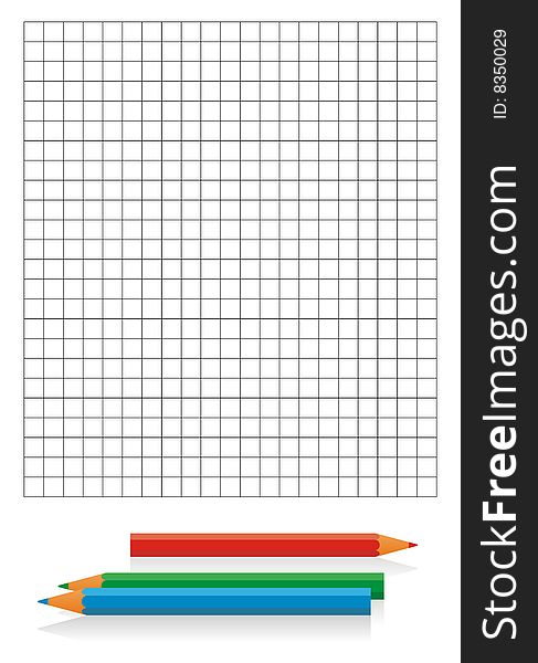 Three colour pencils lie on a white background. From them the shade falls. On a distance shot a checkered sheet of paper. Three colour pencils lie on a white background. From them the shade falls. On a distance shot a checkered sheet of paper.