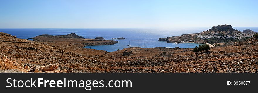 Panoramic view of the Lindos village in Greece