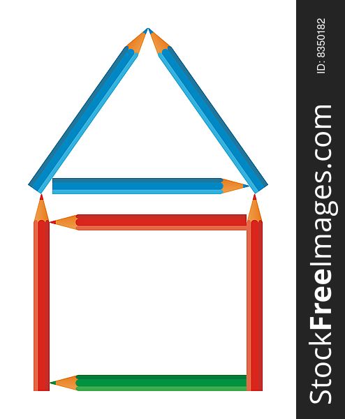 Vertical composition with a country house. On a white background colour pencils lie. They repeat a country house silhouette.