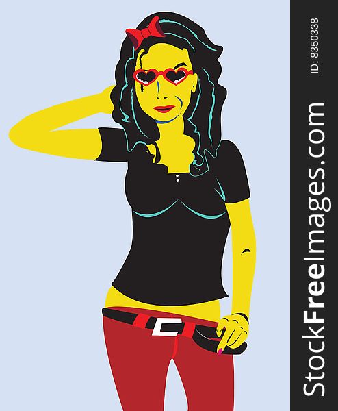 Vector illustration of a young girl with sunglasses, image in pop-art style. Vector illustration of a young girl with sunglasses, image in pop-art style