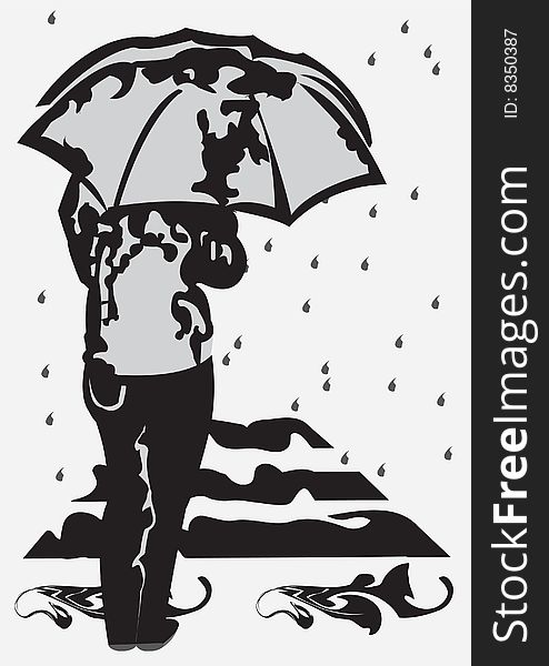 Grey scale Vector illustration of a young girl under umbrella in front of pedestrian-crossing, and it's raining