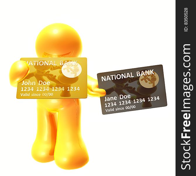 Yellow icon figure endorsing and platinum credit card. Yellow icon figure endorsing and platinum credit card