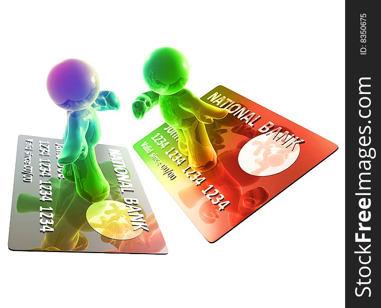Colorful icon figure surfing on a credit card