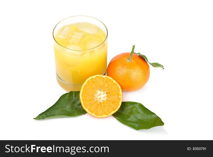 Tangerines and juice from tangerines on a white background