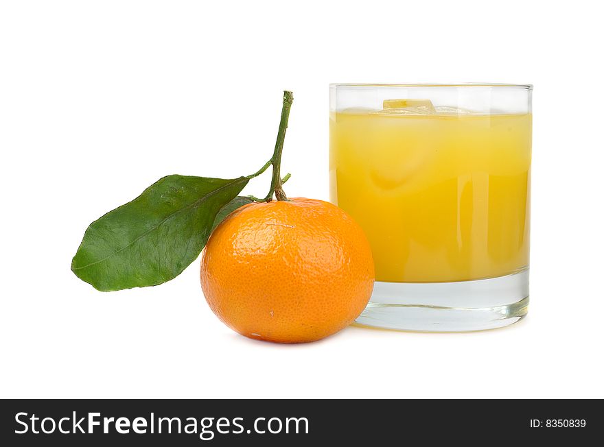 Tangerines and juice from tangerines on a white background