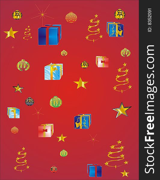 Presents, ornaments and Christmas motifs, decorating a deep red background. Presents, ornaments and Christmas motifs, decorating a deep red background
