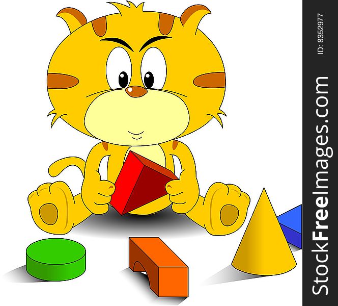 Kitten playing building blocks, building blocks have a variety of colors. Kitten playing building blocks, building blocks have a variety of colors