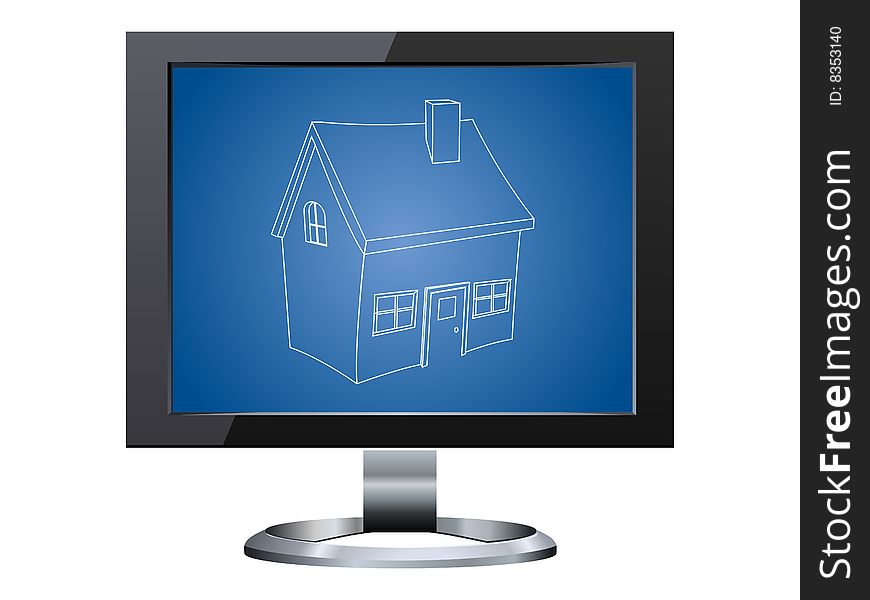 Frontal view of a monitor with blueprint  illustration