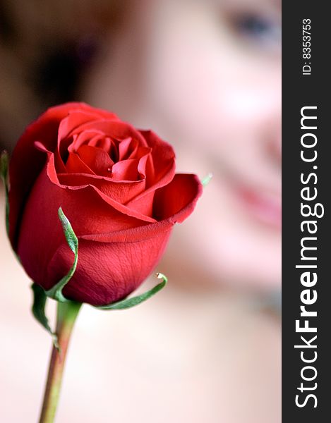 Red rose and female on background