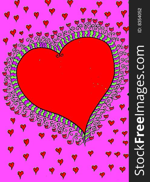 Large Red Doodle Heart with pink background, surrounded with many little hearts.  Handdrawn style. Large Red Doodle Heart with pink background, surrounded with many little hearts.  Handdrawn style.