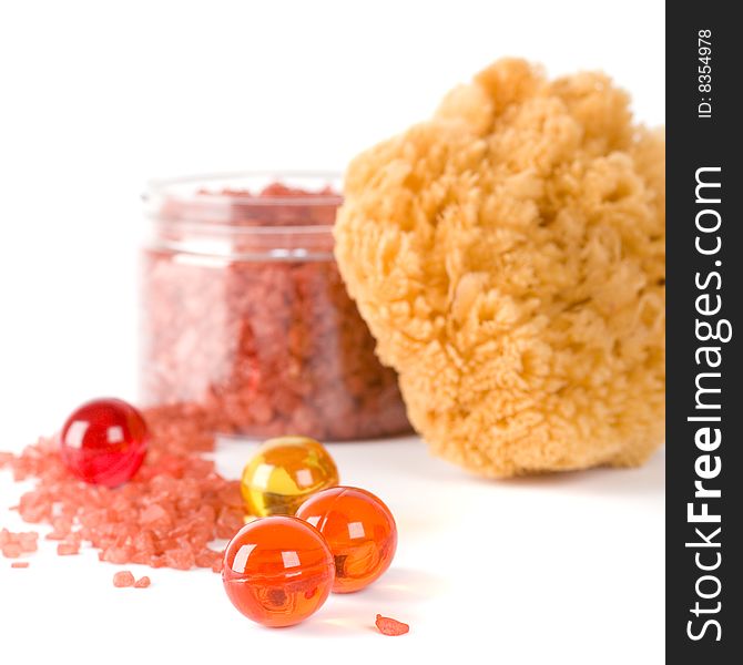 Spa products: natural sponge, bath salt and oil balls