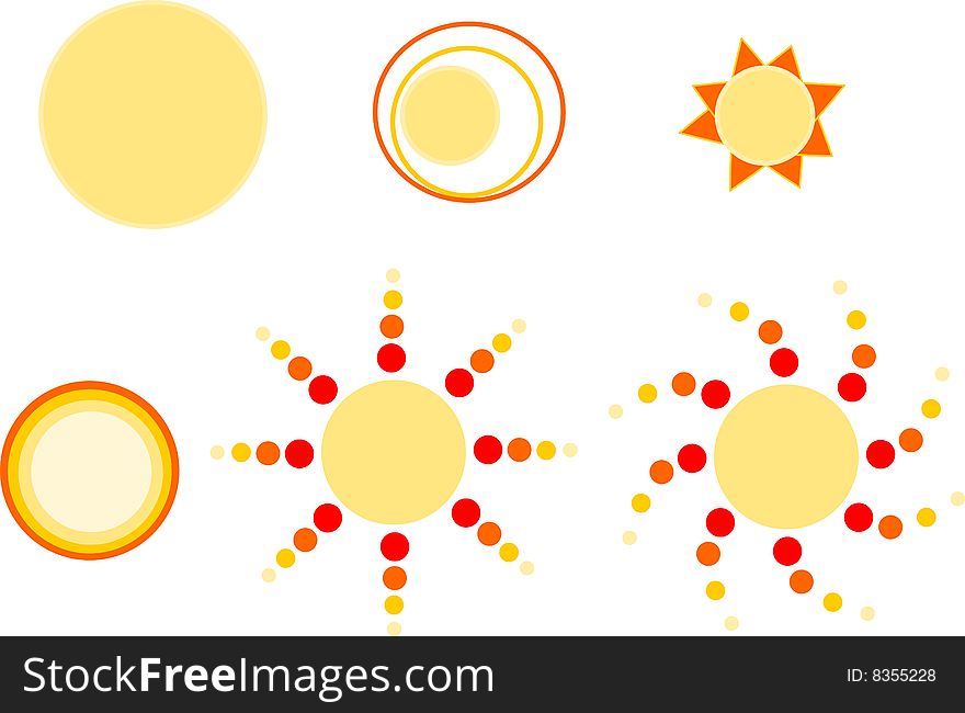 Various images of the summer sun isolated on white