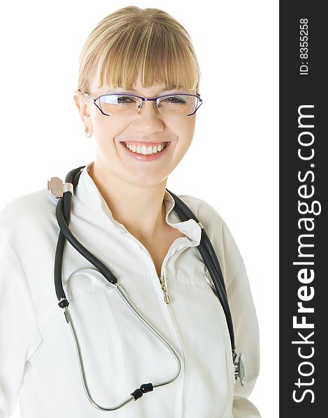 Young female doctor. Isolated on white background