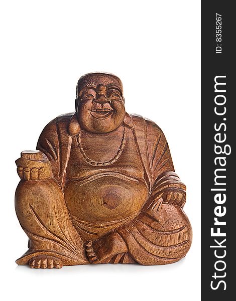 Wooden Buddha over white background.