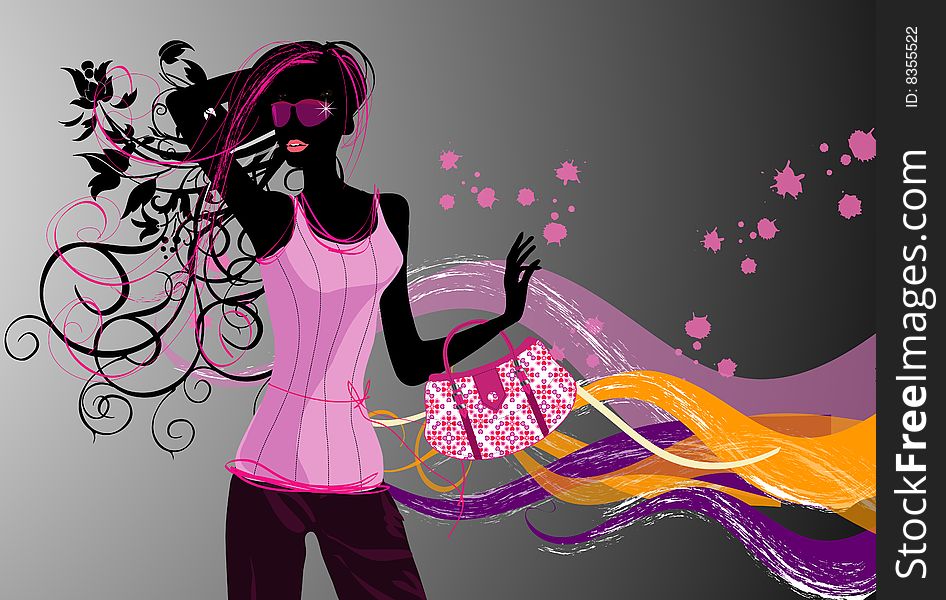 Art vector illustration of a fashion girl silhouette on the creative background