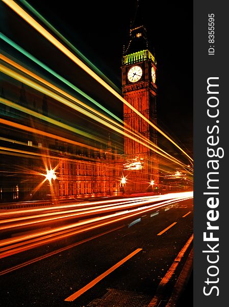 Light trails over Westminster Bridge with Big Ben in the background. Light trails over Westminster Bridge with Big Ben in the background.