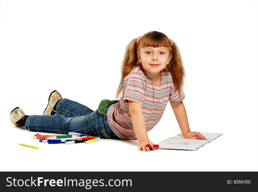 The girl draws on a white background