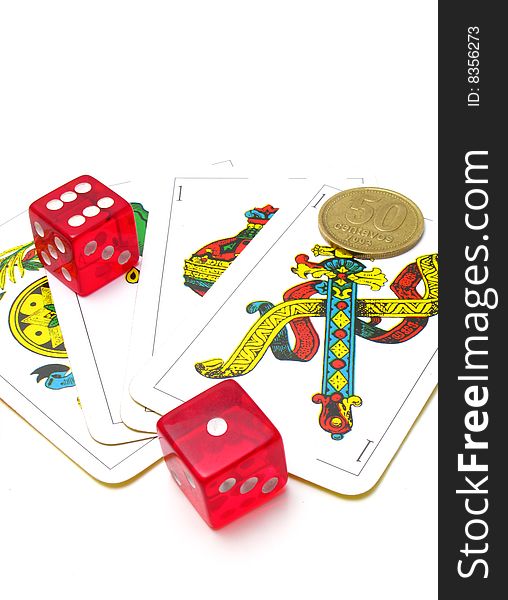 White background of card, dice and money. White background of card, dice and money