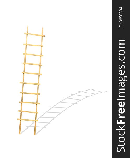 Wooden ladder with shadow standing on white bckground