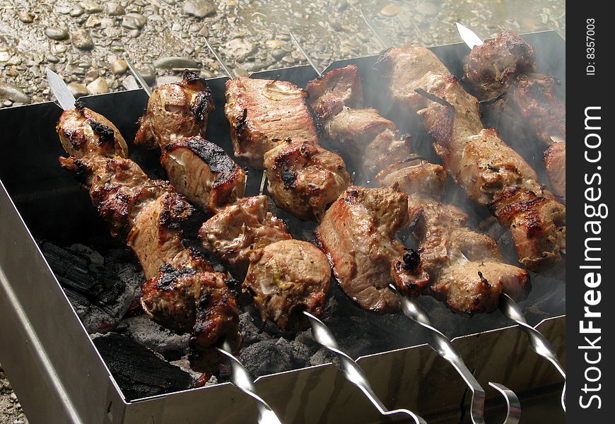 Meat prepared on campfires.The Rest on nature. Meat prepared on campfires.The Rest on nature.