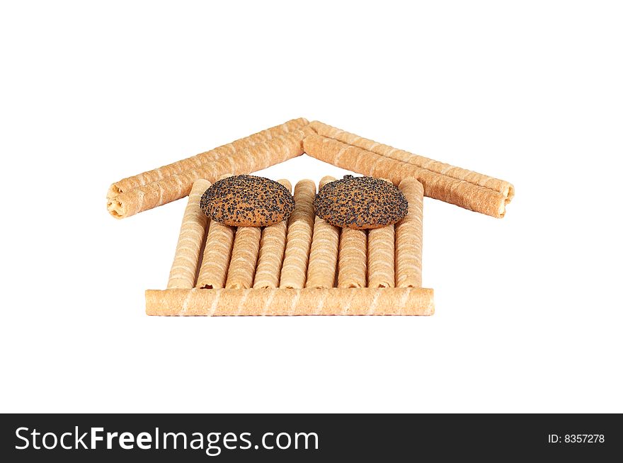 House With Tasty Cookie  On A White Background.