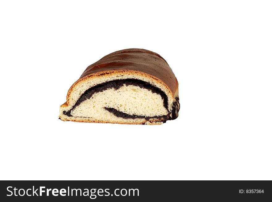 Half long loaf with poppy  isolated on a white background. Half long loaf with poppy  isolated on a white background.