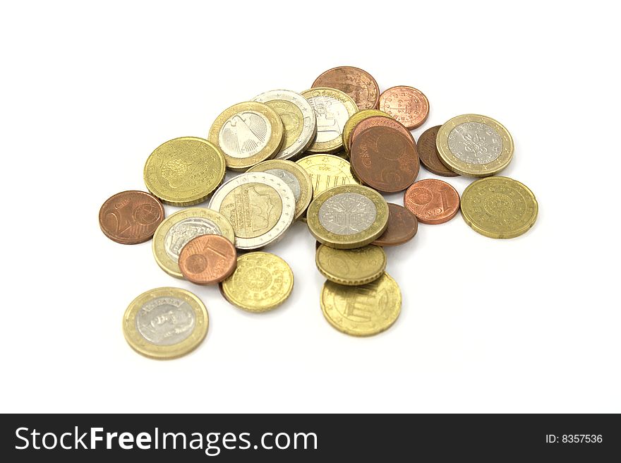 Euro coins on the white background