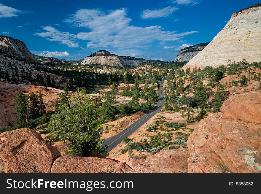 Road through the red rocks of Zion National Park, Utah