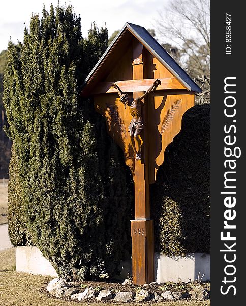 A wooden religious cross in Bavaria. A wooden religious cross in Bavaria