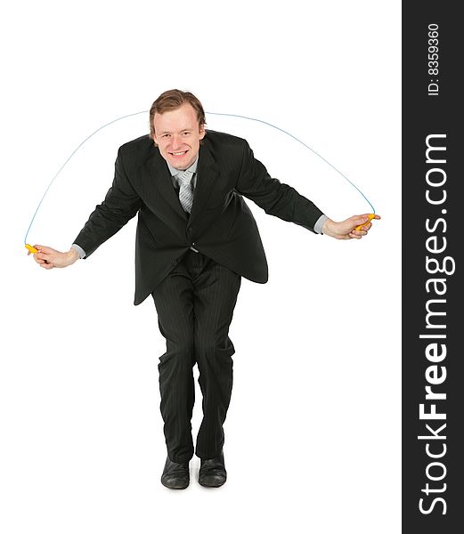 Businessman with jumping rope on white background. Businessman with jumping rope on white background